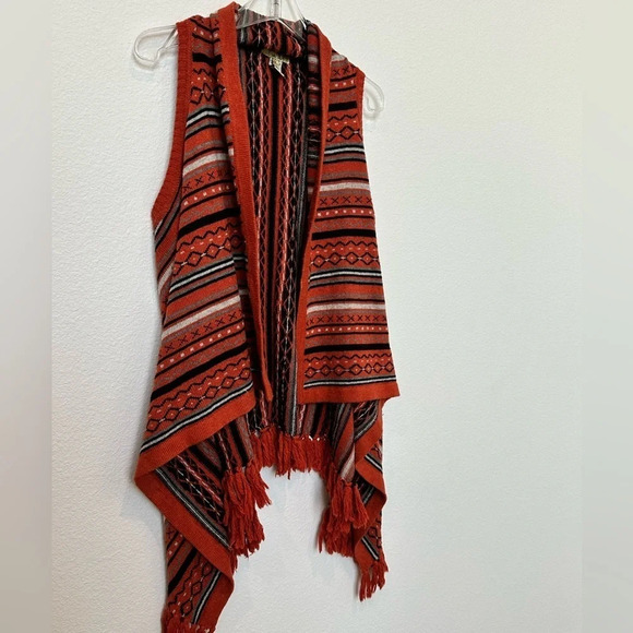 Cecico Wool Blend Orange Open Front Sweater Vest with Fringe Size Small - Picture 2 of 8